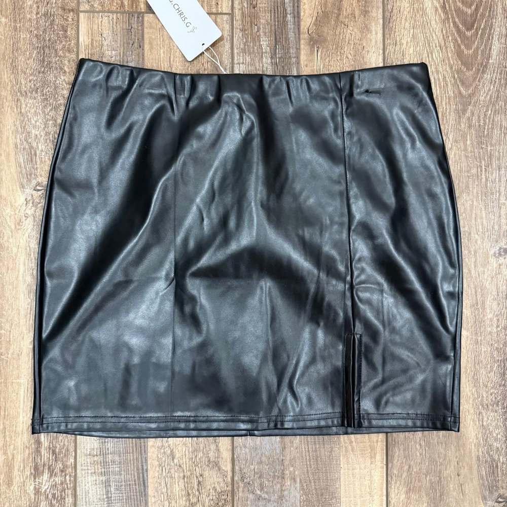 EG.CHRIS.G Women Faux Leather Mini Skirt Black Front Slit High Waist Size XL NEW